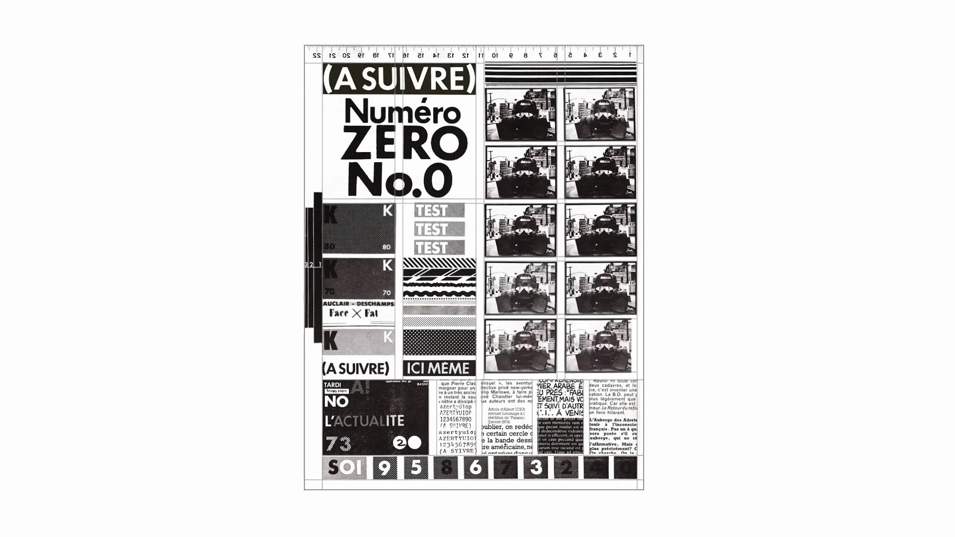 Capture de la vidéo : reproduction de la première page du numéro zéro du magazine (À suivre), avec la grille de mise en page.