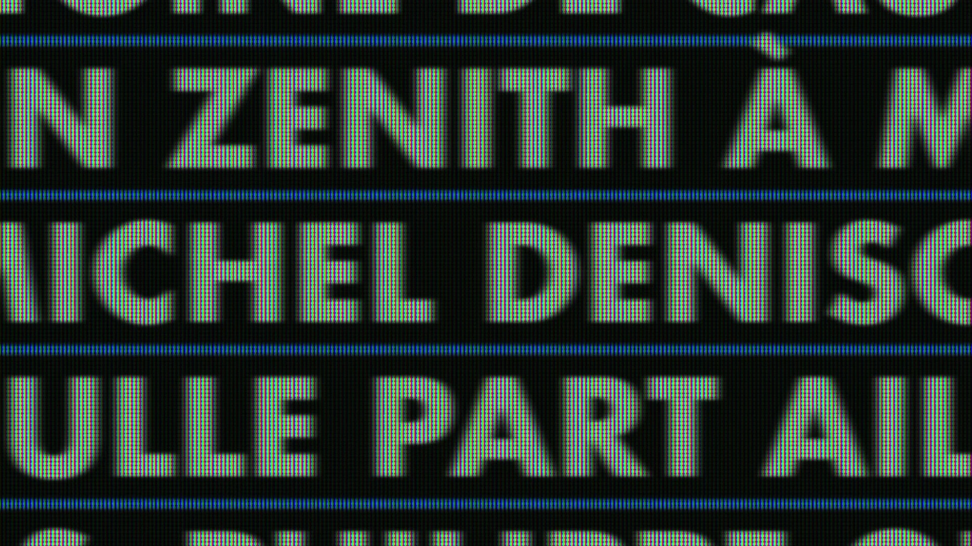 Capture de la vidéo : textes écrits en Futura Canal. Les lettres apparaissent en blanc sur fond noir, avec un effet de pixellisation simulant un écran de télévision.