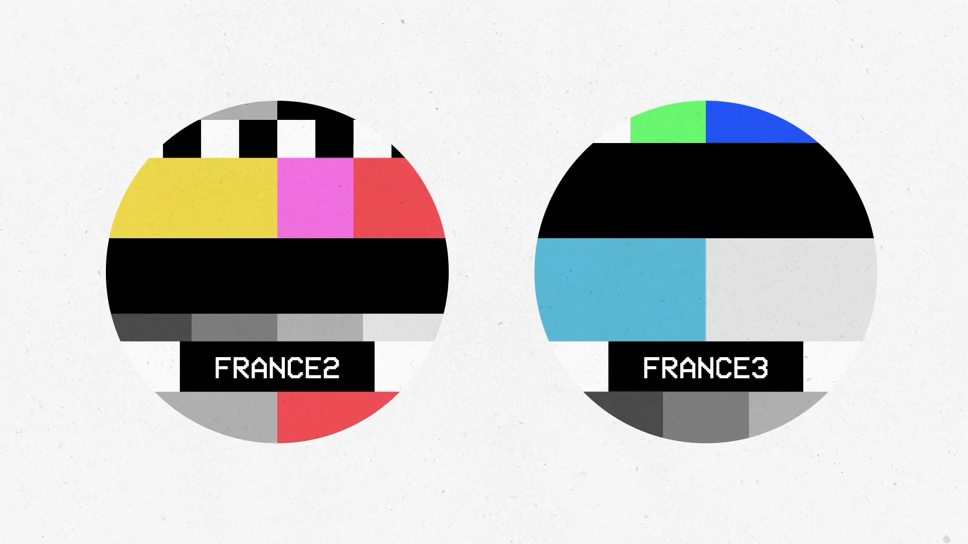 Capture de la vidéo : reproduction de deux mires de télévision circulaires : l'une, aux couleurs chaudes, porte la mention « France 2 » ; l'autre, aux couleurs froides, porte la mention « France 3 ».
