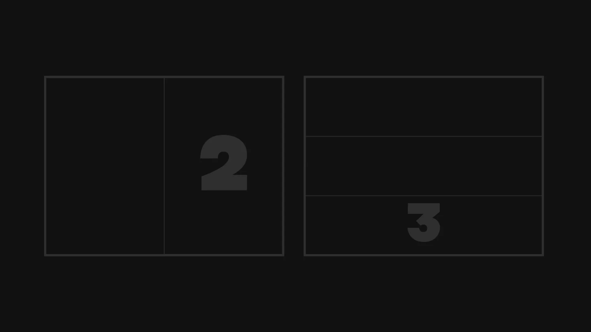 Capture de la vidéo : deux schémas représentant l'architecture de l'image dans l'habillage de France 2 (à gauche, avec l'écran divisé en deux verticalement) et France 3 (à droite, avec l'écran divisé en trois horizontalement).