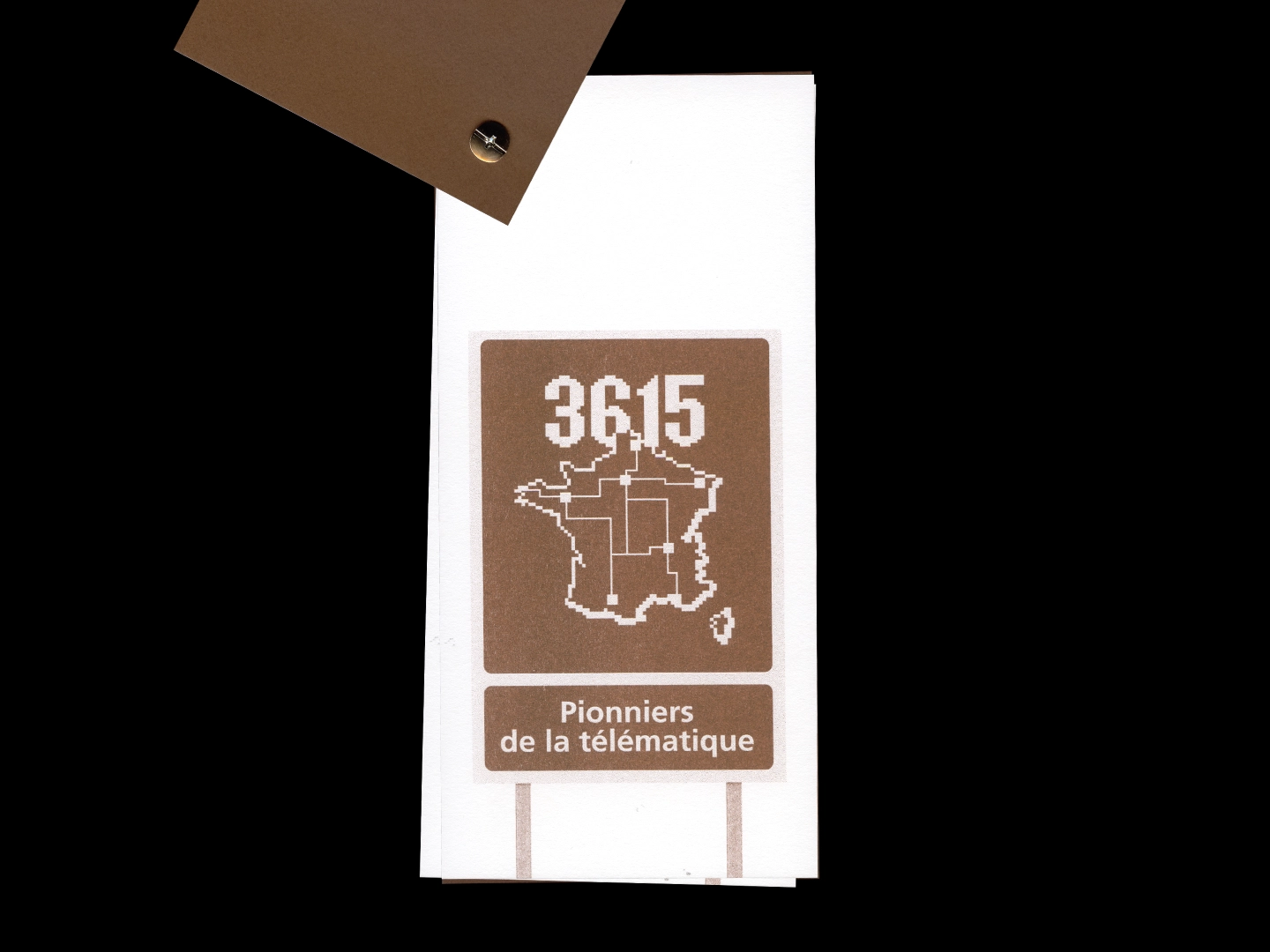 Page de l'ouvrage présentant un panneau marron intitulé « Pionniers de la télématique »