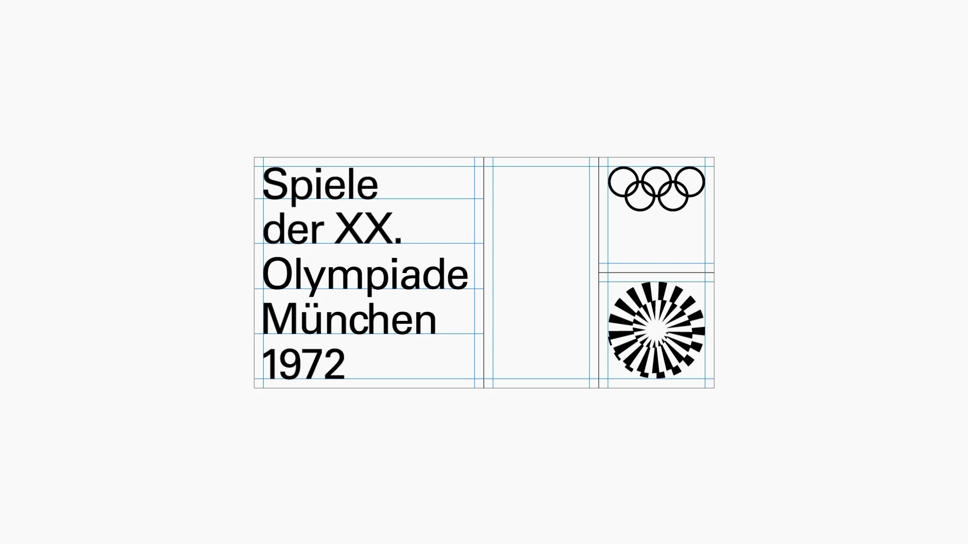 Capture de la vidéo : mise en situation du logo des JO de Munich 1972, emblème et mention « Spiele der XX. Olympiade München 1972 » inscrits dans une grille