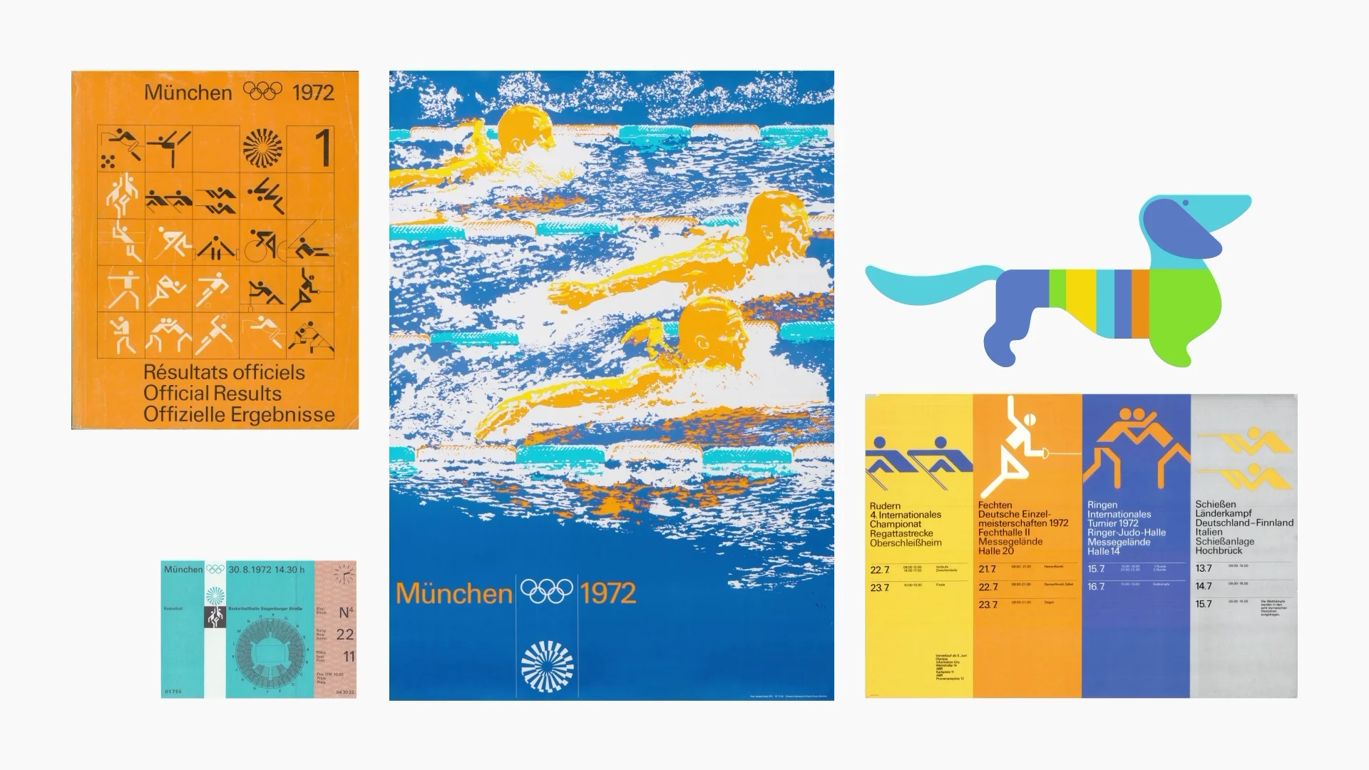 Capture de la vidéo : divers éléments du design des JO de Munich 72 : ticket, affiche, programme, mascotte Waldi