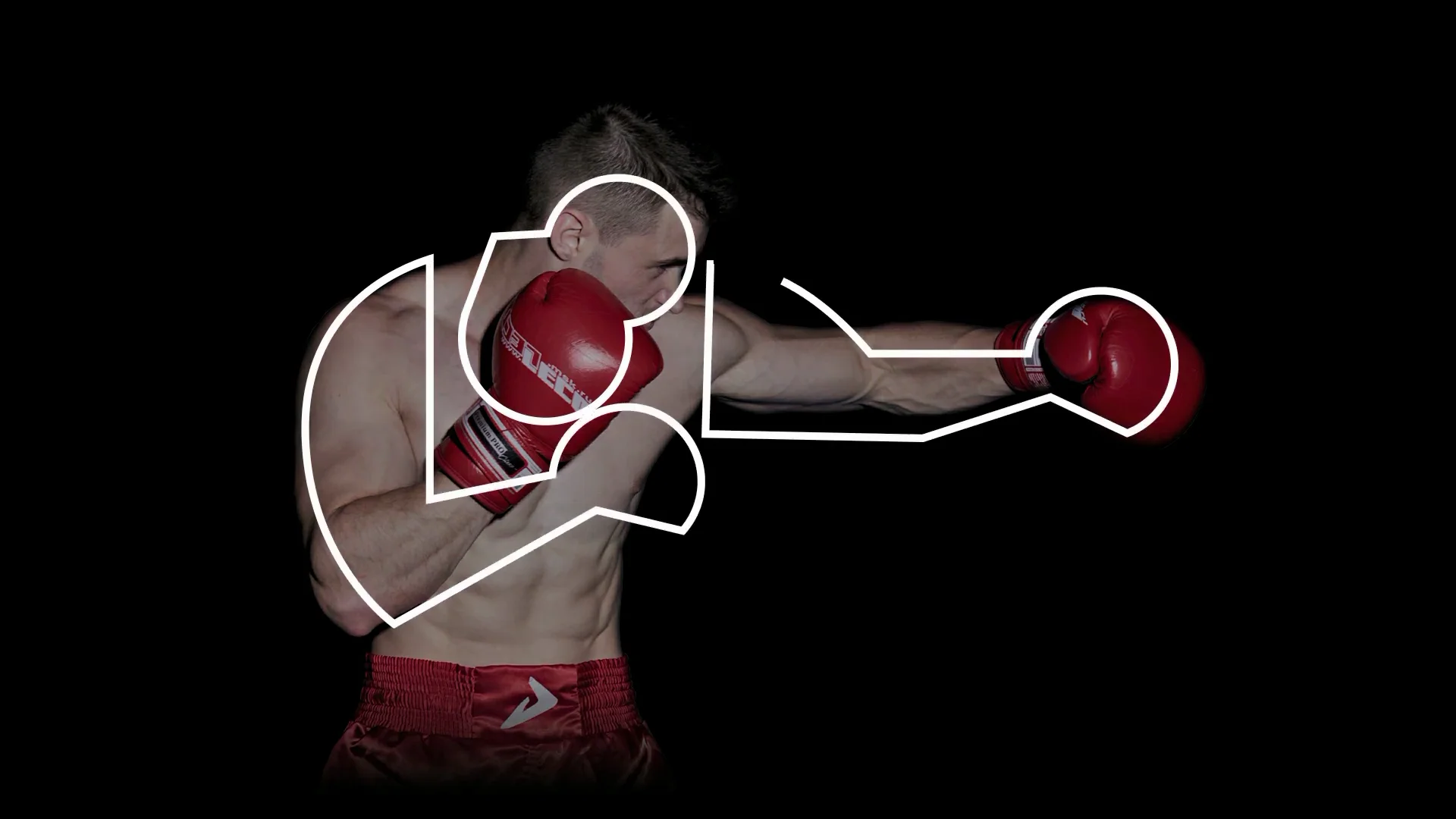 Capture de la vidéo : tracé du pictogramme de la boxe des JO de Tokyo 64 en surimpression sur une photo de boxeur