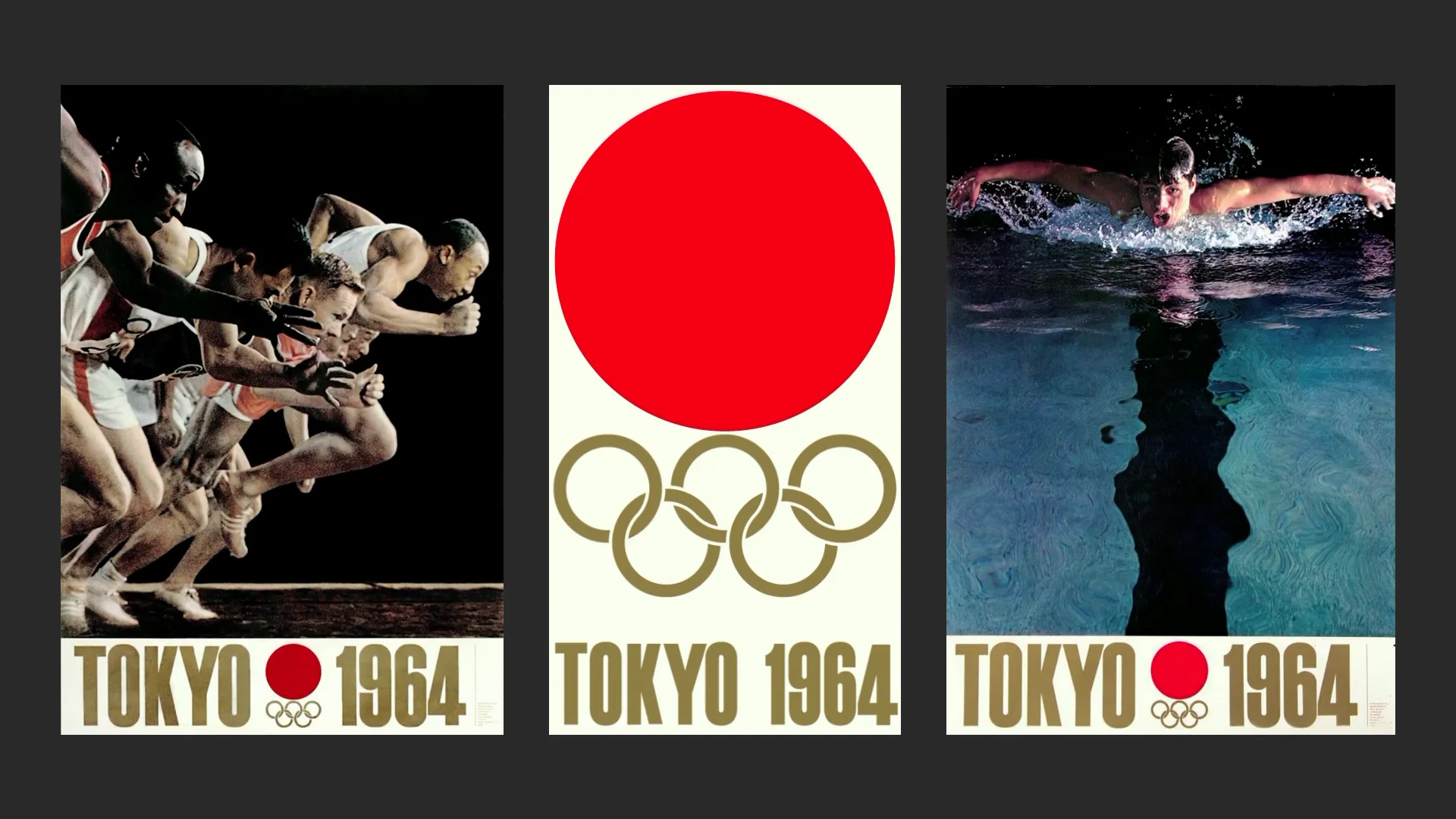 Capture de la vidéo : tryptique composé d'affiches et du logo des JO de Tokyo 64