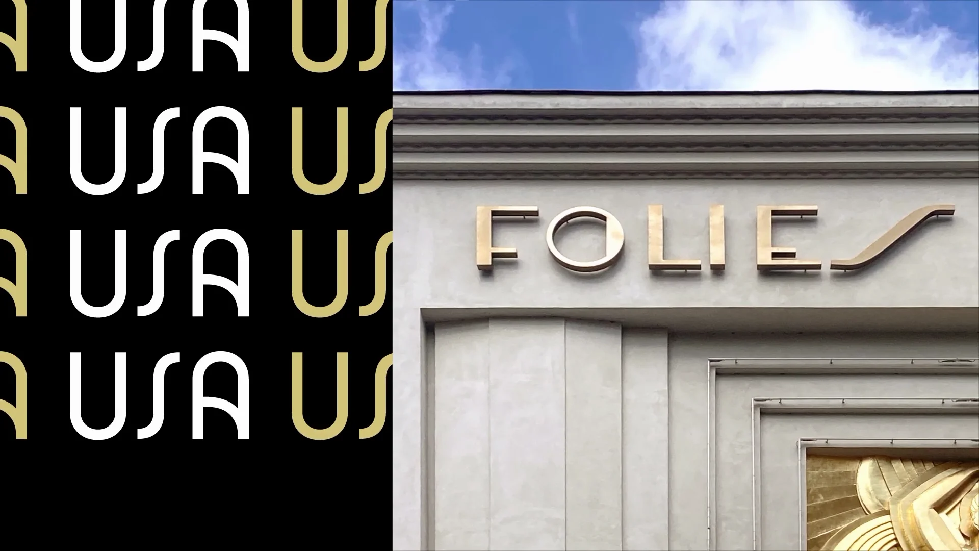 Capture de la vidéo : image d'inspiration de la typographie de Paris 2024 (enseigne des Folies Bergères) et démonstration de la typographie avec le mot USA