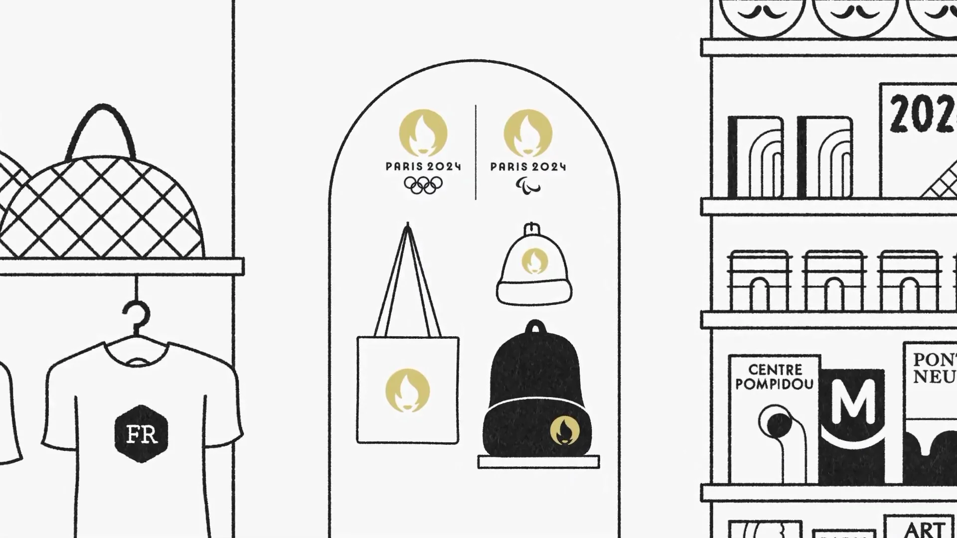 Capture de la vidéo : dessin, mise en situation de produits dérivés Paris 2024 vendus dans un magasin de souvenirs
