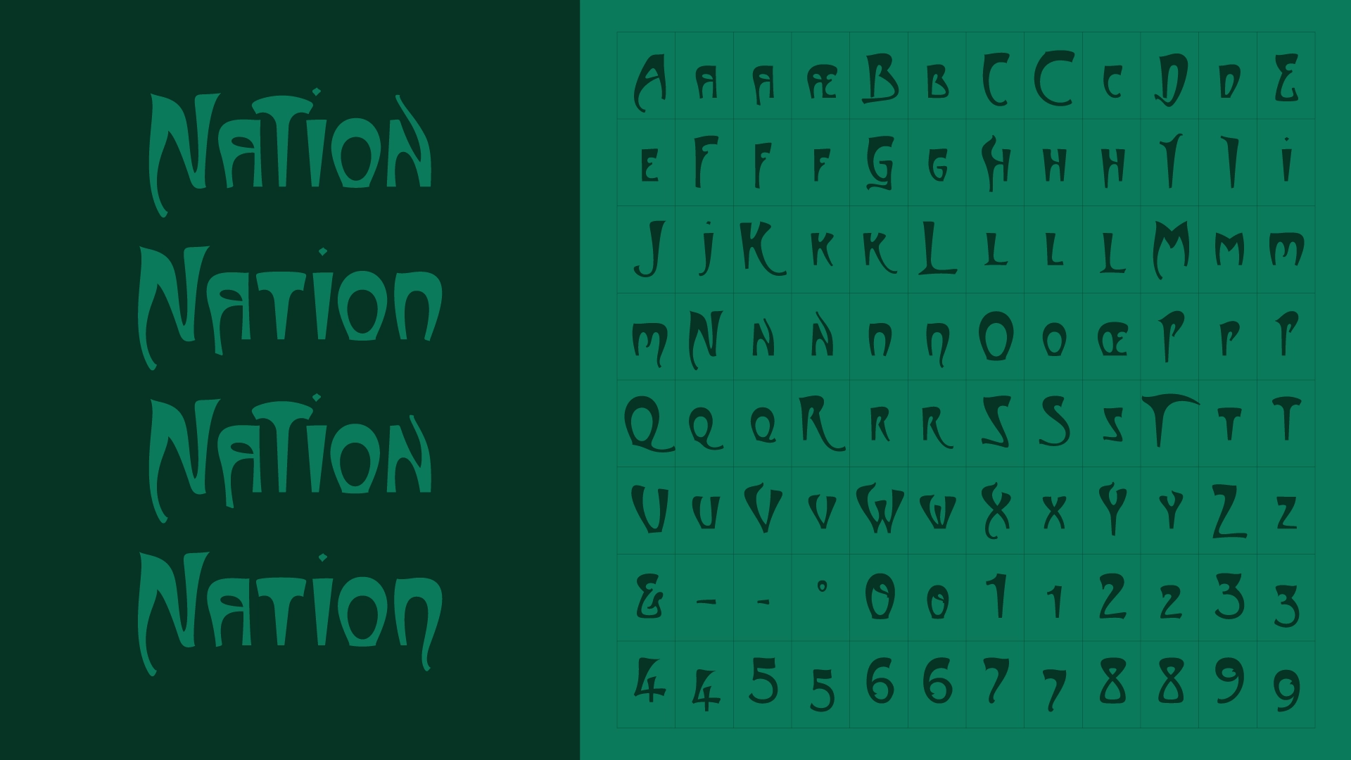 Démonstration des variantes de caractères du lettrage Guimard, tableau des glyphes