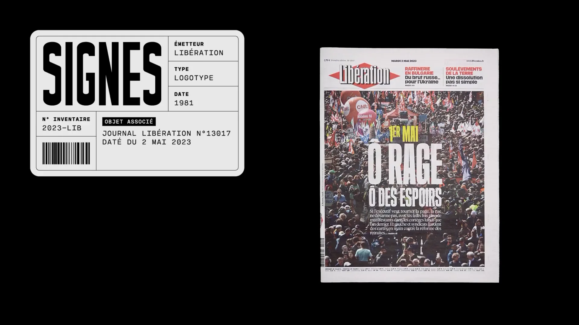 Capture de la vidéo : écran titre de la vidéo avec une fausse étiquette (comportant le logo de Signes, un code barre et des informations liées à l'épisode) ainsi qu'une image d'un exemplaire de Libération du 2 mai 2023.