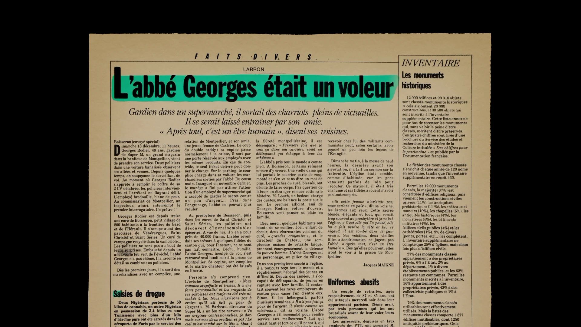 Capture de la vidéo : image d'une page intérieure d'un ancien exemplaire de Libération, dans les années 80. Le titre de l'article est « L'abbé Georges était un voleur ».