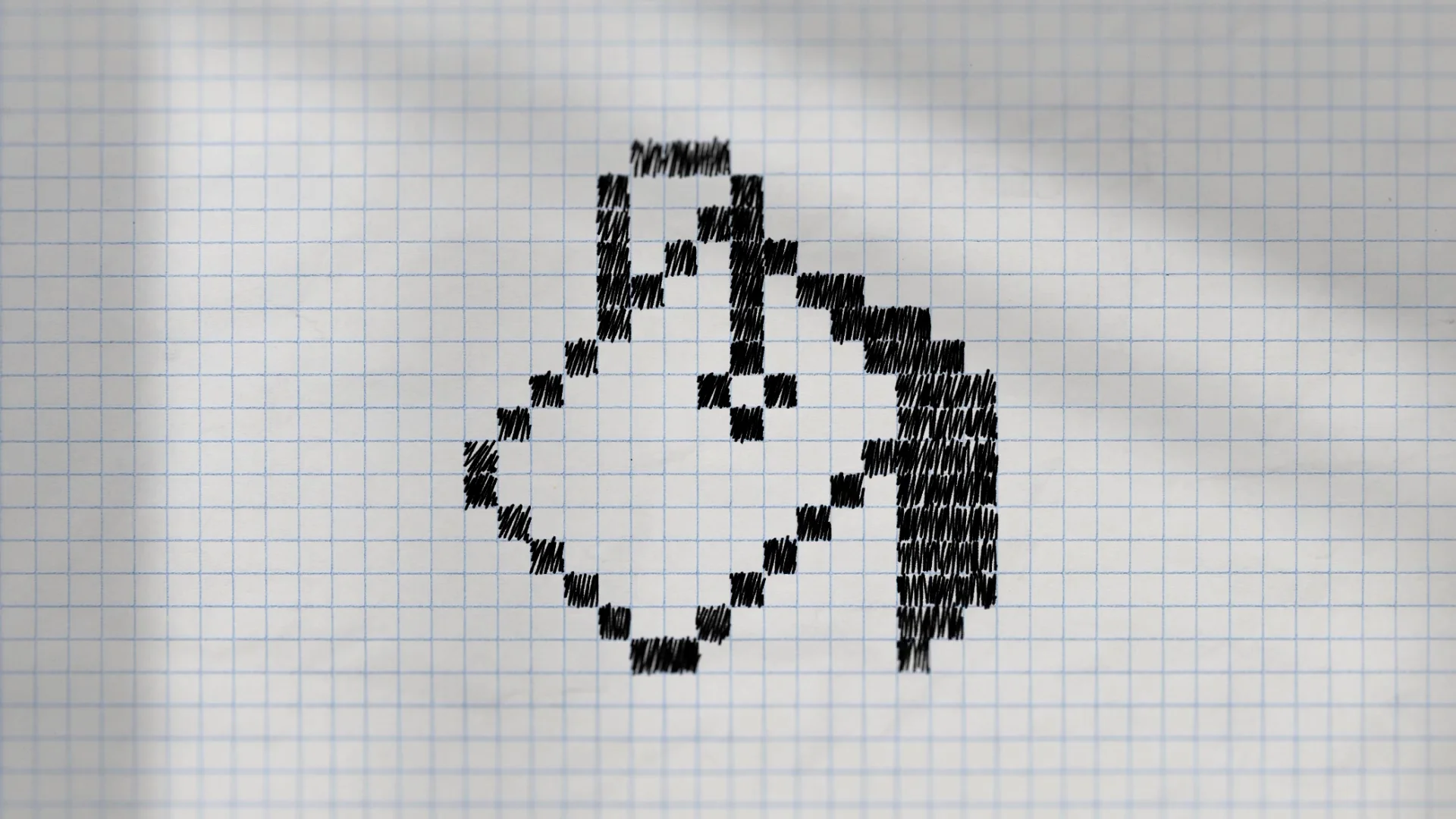 Capture de la vidéo : composition graphique avec une icône de pot de peinture dessinée sur du papier quadrillé — chaque pixel est remplacé par une case remplie au stylo.
