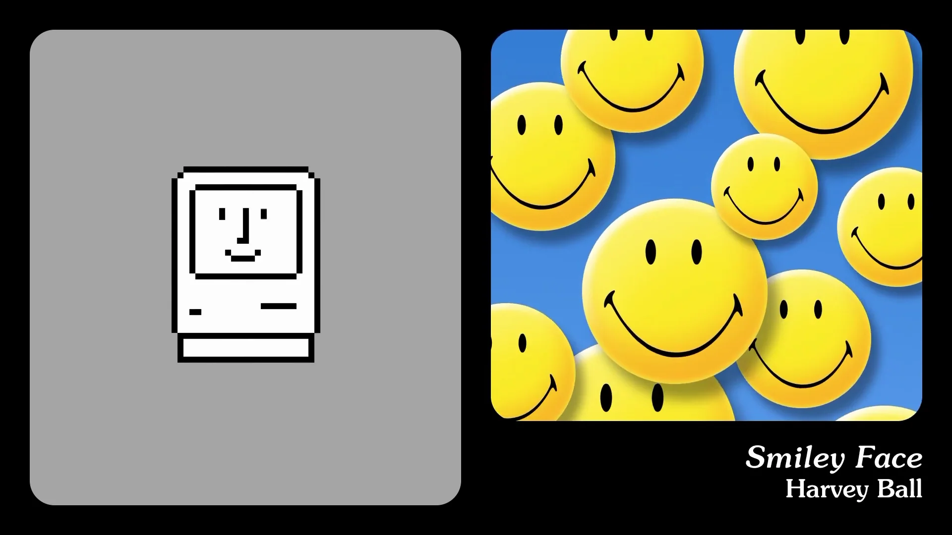 Capture de la vidéo : composition graphique avec la reproduction de l'icône du Macintosh souriant à gauche, et l'image de plusieurs smileys d'Harvey Ball superposés à droite.