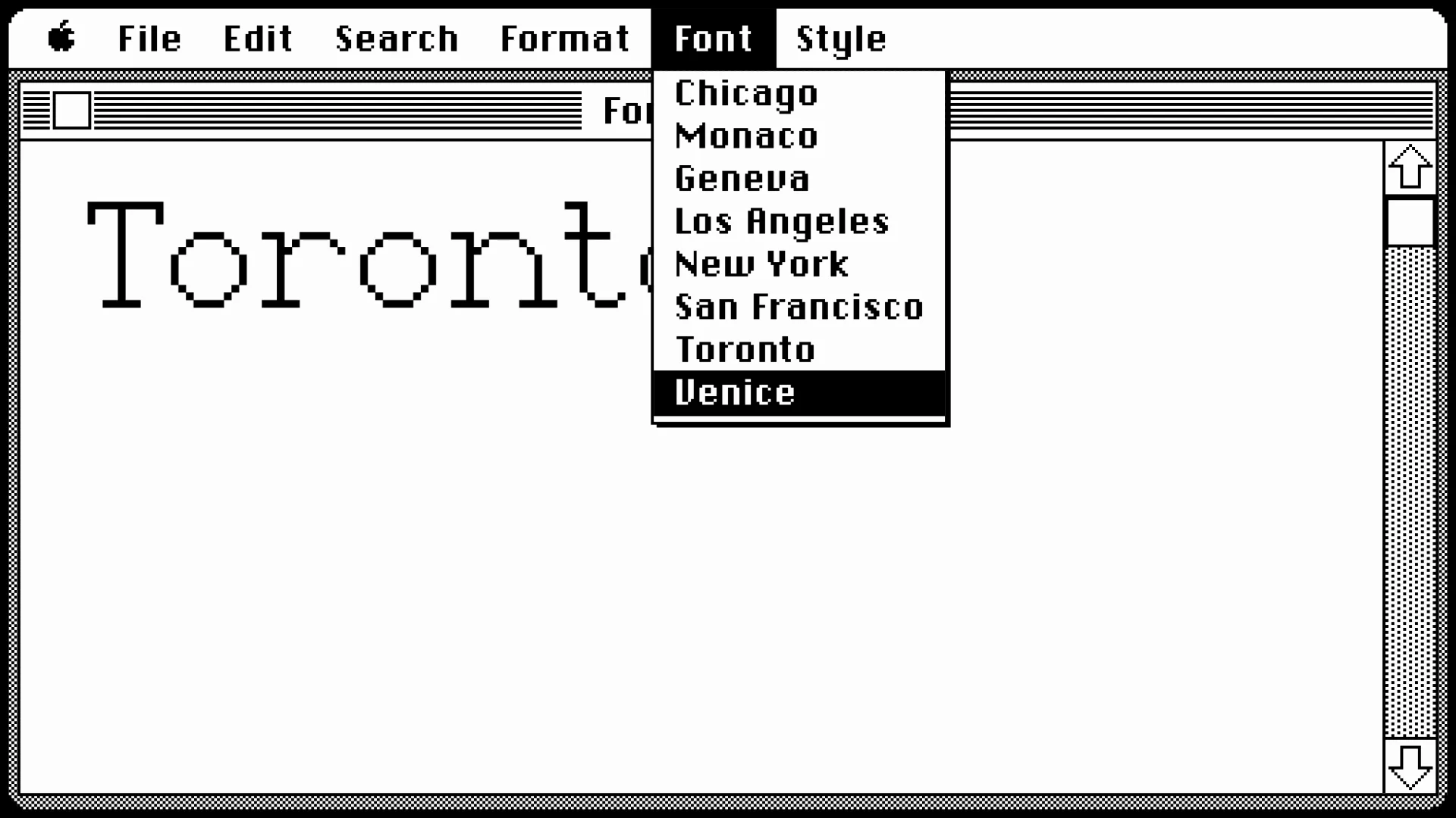 Capture de la vidéo : reproduction de l'interface du traitement de texte du Macintosh de 1984, avec le menu des polices déployé.