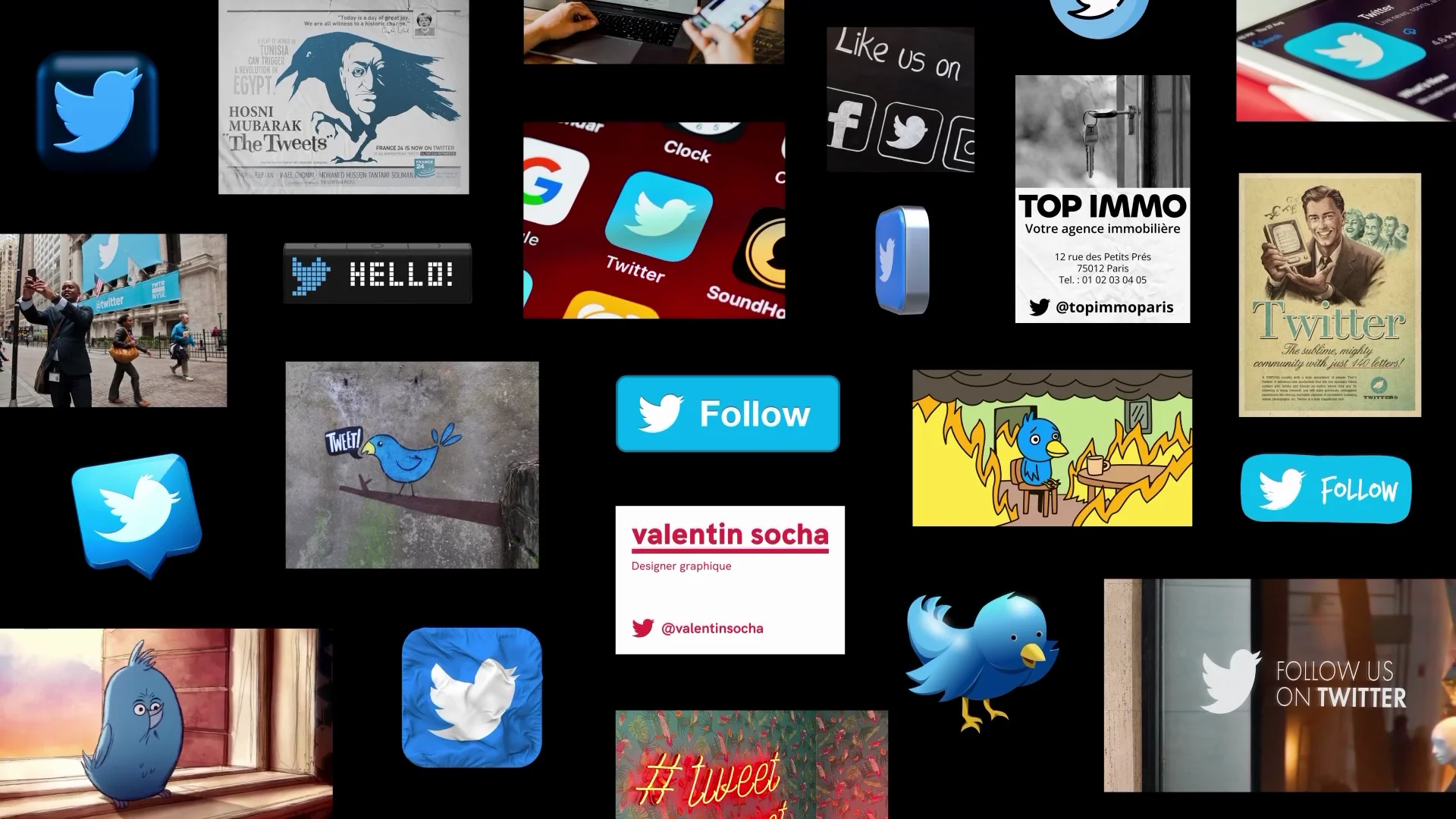 Capture de la vidéo : composition graphique affichant une multitude de cas d'usages du logo de Twitter : affichage sur une vitrine, prospectus, publicité…
