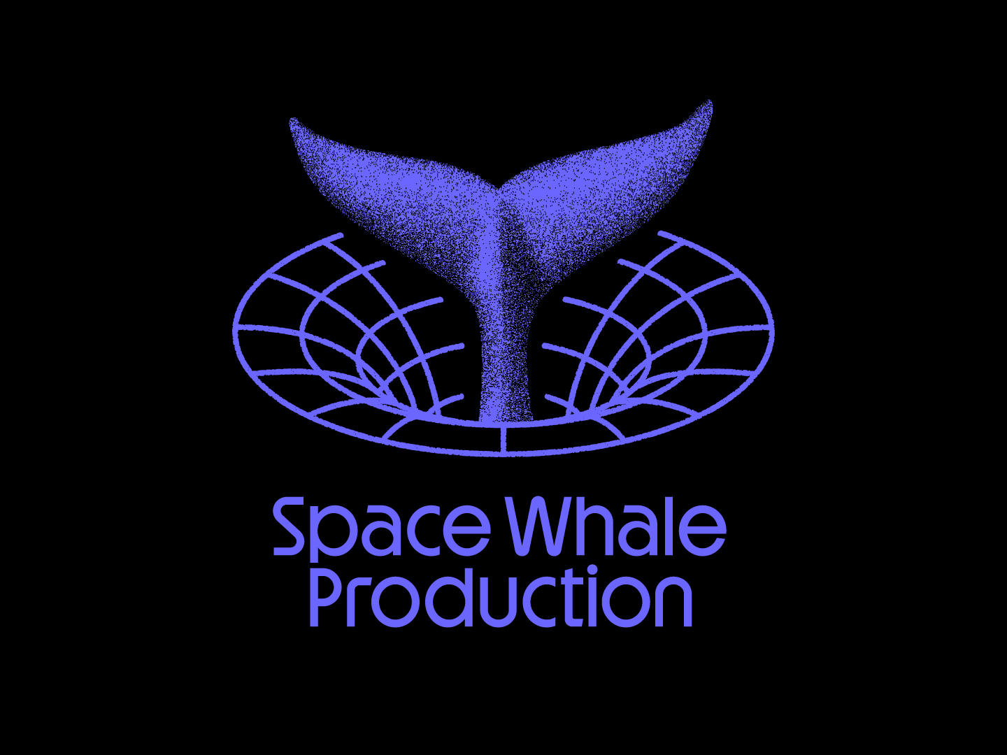 Logotype de Space Whale Production en version violette, représentant une queue de baleine sortant d'un vortex. Sous le symbole, la mention « Space Whale Production »